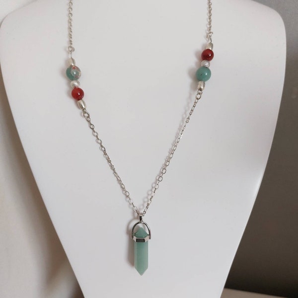 lithothérapie collier perles jaspe aqua terra Shoushan  et pendentif aventurine