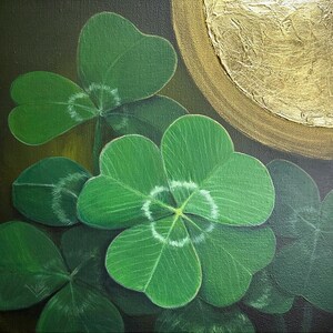 Original painting/ Gold leaf art/ Clover charm/ Acrylic painting/ Textured painting / Mixed media original artwork Lucky in the Night