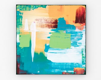 May include: Abstract painting with bold strokes of yellow, orange, red, green, blue, and white paint.