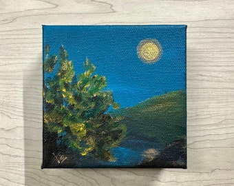 Full Moon /Moon  painting/ Original mini painting/ Landscape painting/ Forest / Sky painting/ Moon / Nature art/