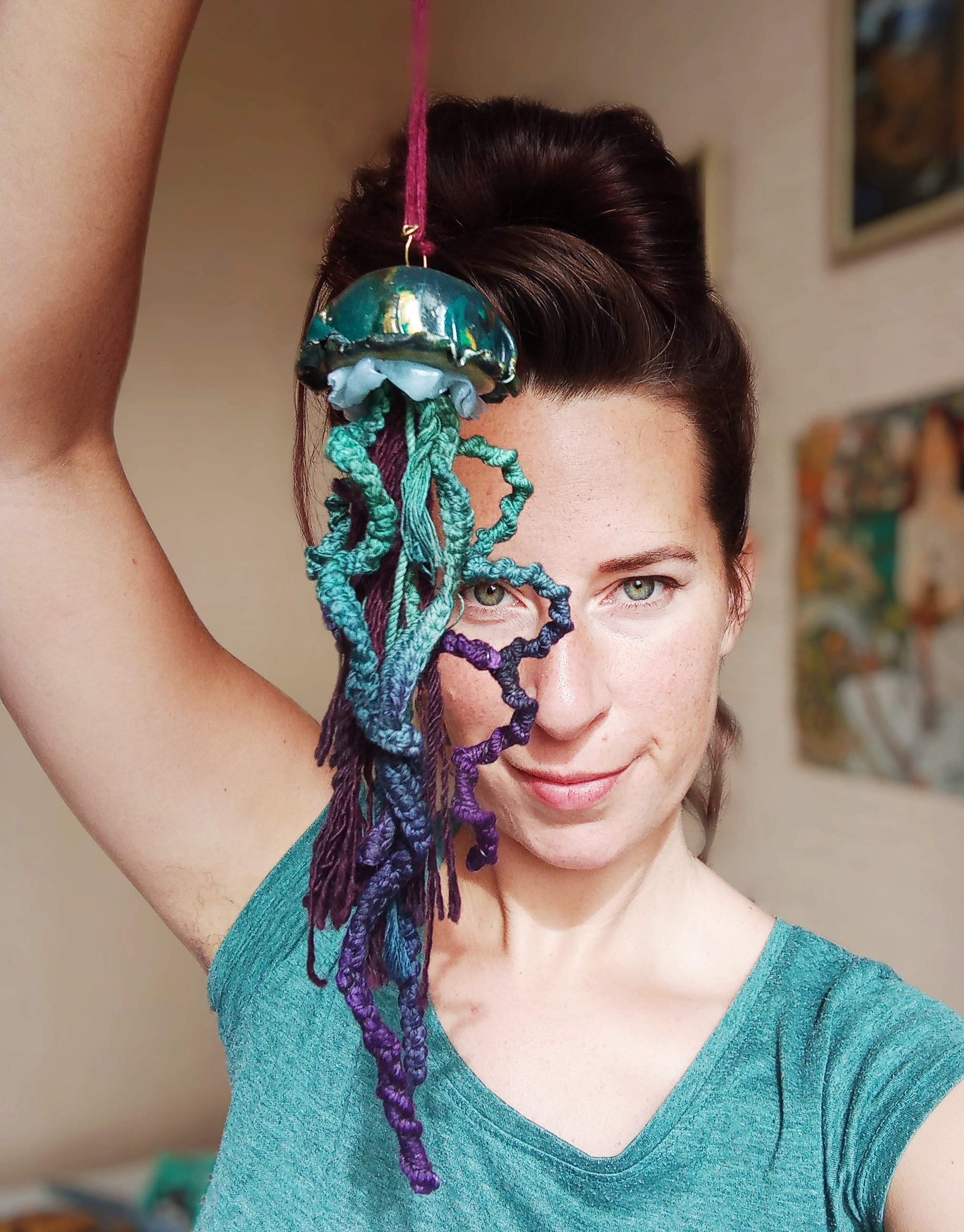 Suspension Méduse Macramé/Polymère/steampunk/strange