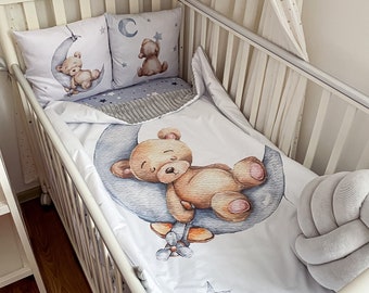Teddy Bear Moon Baby Crib Bedding Set: Cotton Blanket, Pillows, Sheet
