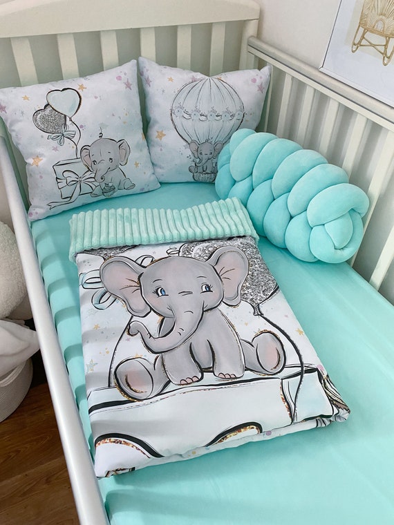 Elephant Baby Crib Bedding Set. Universal Children s Bedding Sets for Crib With Elephant. Azure Blanket With Gray Elephant Etsy UK