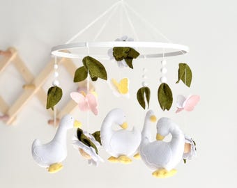 Goose Baby Mobile: Felt Geese and Daisies Crib Decor
