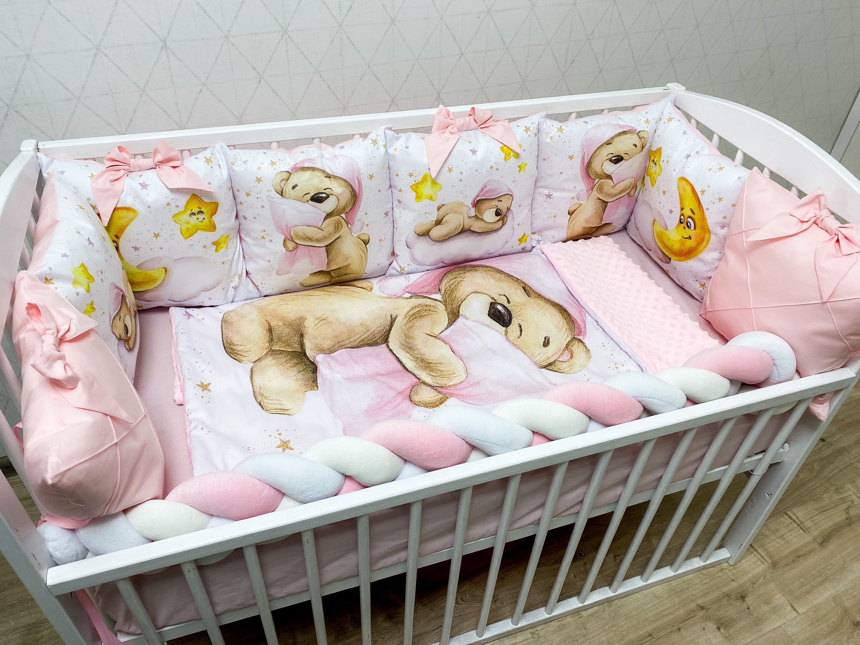 Baby crib bumpers pillows set with teddy bear. Bumpers in the Etsy