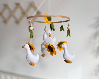 Handmade Goose Baby Mobile: Felt Sunflowers, Boho Nursery Decor