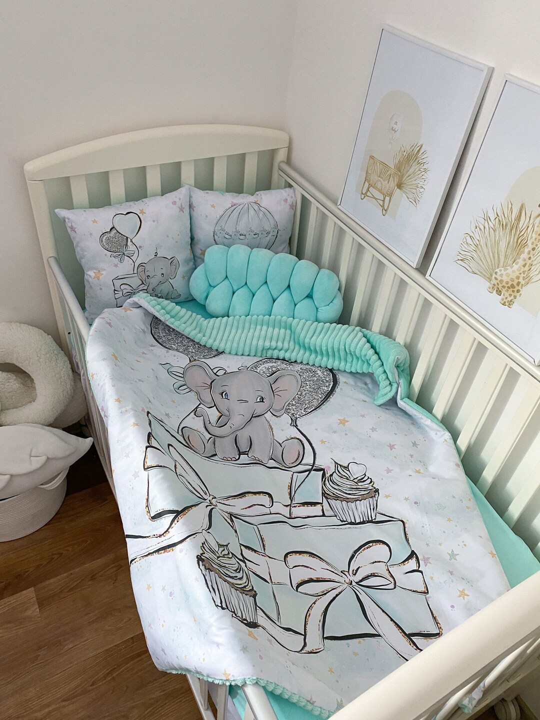 Elephant Baby Crib Bedding Set. Universal Children s Bedding Sets for Crib With Elephant. Azure Blanket With Gray Elephant Etsy