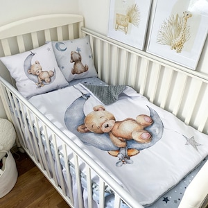 Baby bedding crib set Teddy Bear on the Moon. Blanket with a picture of a bear on the moon. Plush blanket for a boy with a teddy bear.
