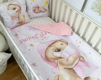 Pink Bear Nursery Crib Bedding Set: Minky Blanket, Pillows & Fitted Sheet