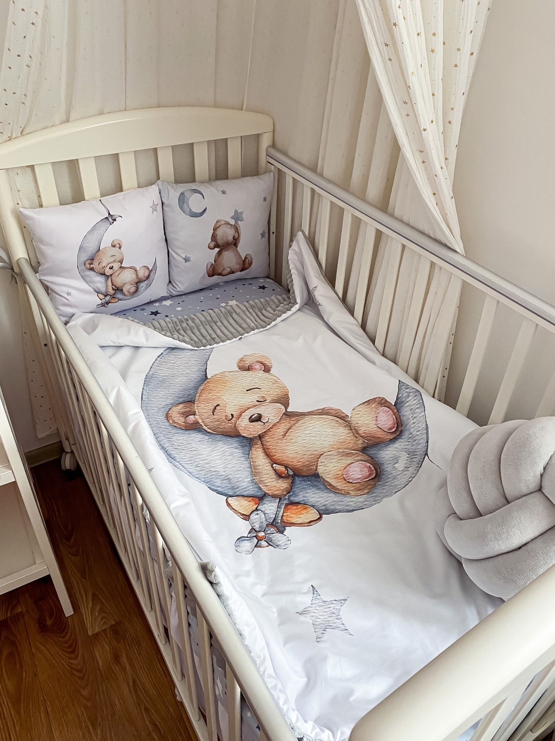 Baby Bedding Set Teddy Bear on the Moon. Blanket With a Picture of a