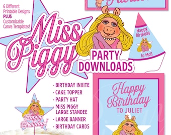 Imprimibles para fiesta de cumpleaños de Miss Piggy Muppets: más de 6 piezas personalizables (descarga digital)