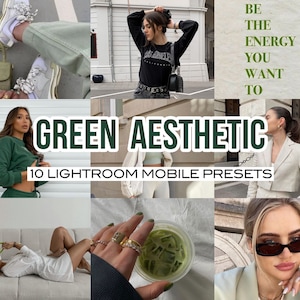 May include: A collage of images featuring a green aesthetic. The images include a woman wearing a green sweater, a woman wearing a green dress, a woman wearing a green jacket, a woman wearing a green shirt, and a green drink. The text "GREEN AESTHETIC" and "10 LIGHTROOM MOBILE PRESETS" are also included in the collage.