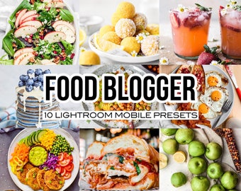 Puede incluir: Un collage de imágenes que muestran presets de fotografía de comida para Lightroom móvil. Las imágenes incluyen una ensalada con manzanas y semillas de granada, un plato de bolas de limón, un vaso de limonada rosa, un plato de huevos fritos con tocino, un tazón de garbanzos y verduras, un sándwich con salsa de tomate, un plato de manzanas verdes y una pila de panqueques azules con arándanos.