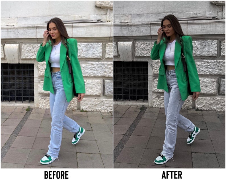 May include: A woman wearing a green blazer, light blue jeans, and green and white sneakers. She is standing on a sidewalk in front of a building.