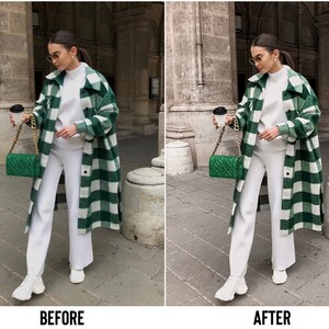 May include: A woman wearing a white shirt and white pants with a green and white plaid jacket. She is holding a coffee cup and a green quilted handbag with a gold chain.