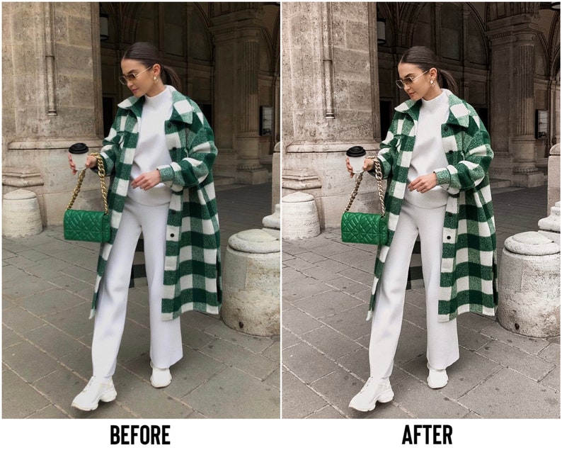 May include: A woman wearing a white shirt and white pants with a green and white plaid jacket. She is holding a coffee cup and a green quilted handbag with a gold chain.