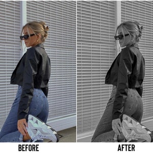 May include: A woman wearing a black cropped jacket, blue jeans, and white sneakers. She is standing in front of a gray metal wall. The image is split into two sections, with the left side showing the woman in color and the right side showing her in black and white. The words "BEFORE" and "AFTER" are written below the image.