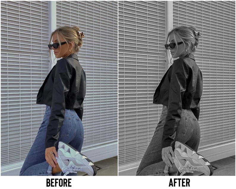 May include: A woman wearing a black cropped jacket, blue jeans, and white sneakers. She is standing in front of a gray metal wall. The image is split into two sections, with the left side showing the woman in color and the right side showing her in black and white. The words "BEFORE" and "AFTER" are written below the image.
