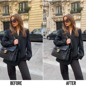 May include: A woman wearing a black blazer, black pants, and sunglasses is carrying a black quilted handbag with a gold chain strap. The handbag has a gold clasp and a gold logo.