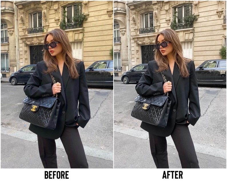 May include: A woman wearing a black blazer, black pants, and sunglasses is carrying a black quilted handbag with a gold chain strap. The handbag has a gold clasp and a gold logo.