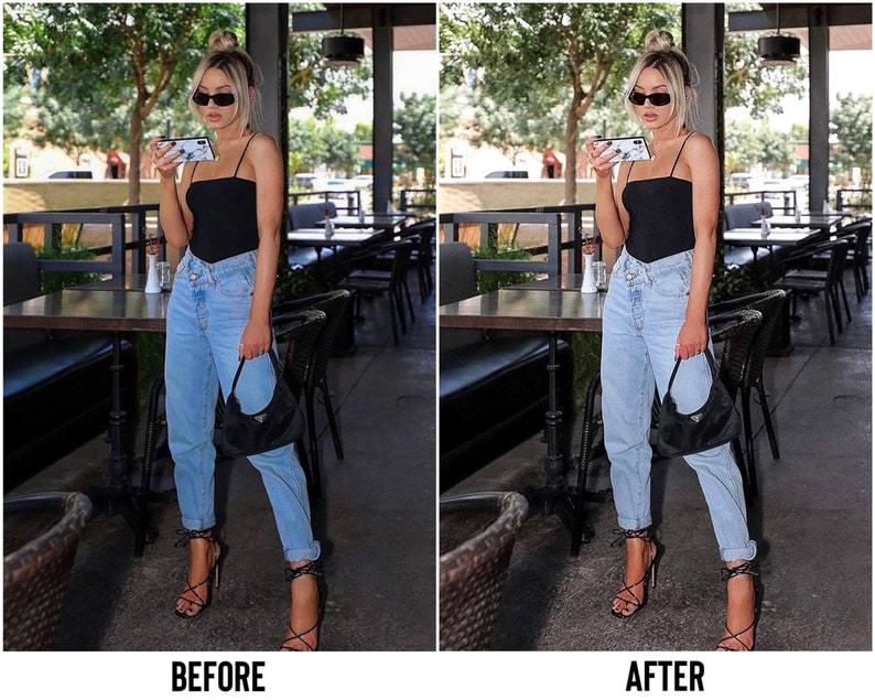 May include: A woman wearing a black tank top, light blue jeans, and black heeled sandals. She is holding a smartphone with a white case and has a black handbag.