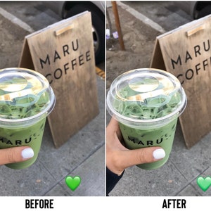 May include: A green matcha latte in a clear plastic cup with a lid. The cup has the word "MARU" printed on the side. The cup is being held by a hand in front of a wooden sign that says "MARU COFFEE".