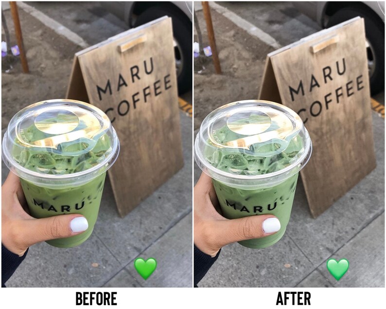 May include: A green matcha latte in a clear plastic cup with a lid. The cup has the word "MARU" printed on the side. The cup is being held by a hand in front of a wooden sign that says "MARU COFFEE".