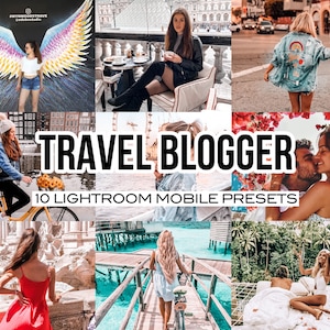 Op de afbeelding: Een collage van afbeeldingen met mensen die reizen en verschillende bestemmingen verkennen. De tekst "TRAVEL BLOGGER 10 LIGHTROOM MOBILE PRESETS" wordt in het midden van de collage weergegeven.