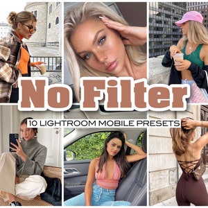 Puede incluir: Un collage de fotos que muestran 10 ajustes preestablecidos de Lightroom Mobile. Las fotos presentan a varias mujeres con diferentes atuendos y posando en diferentes entornos. El texto "No Filter" y "10 Lightroom Mobile Presets" se muestra en el collage.