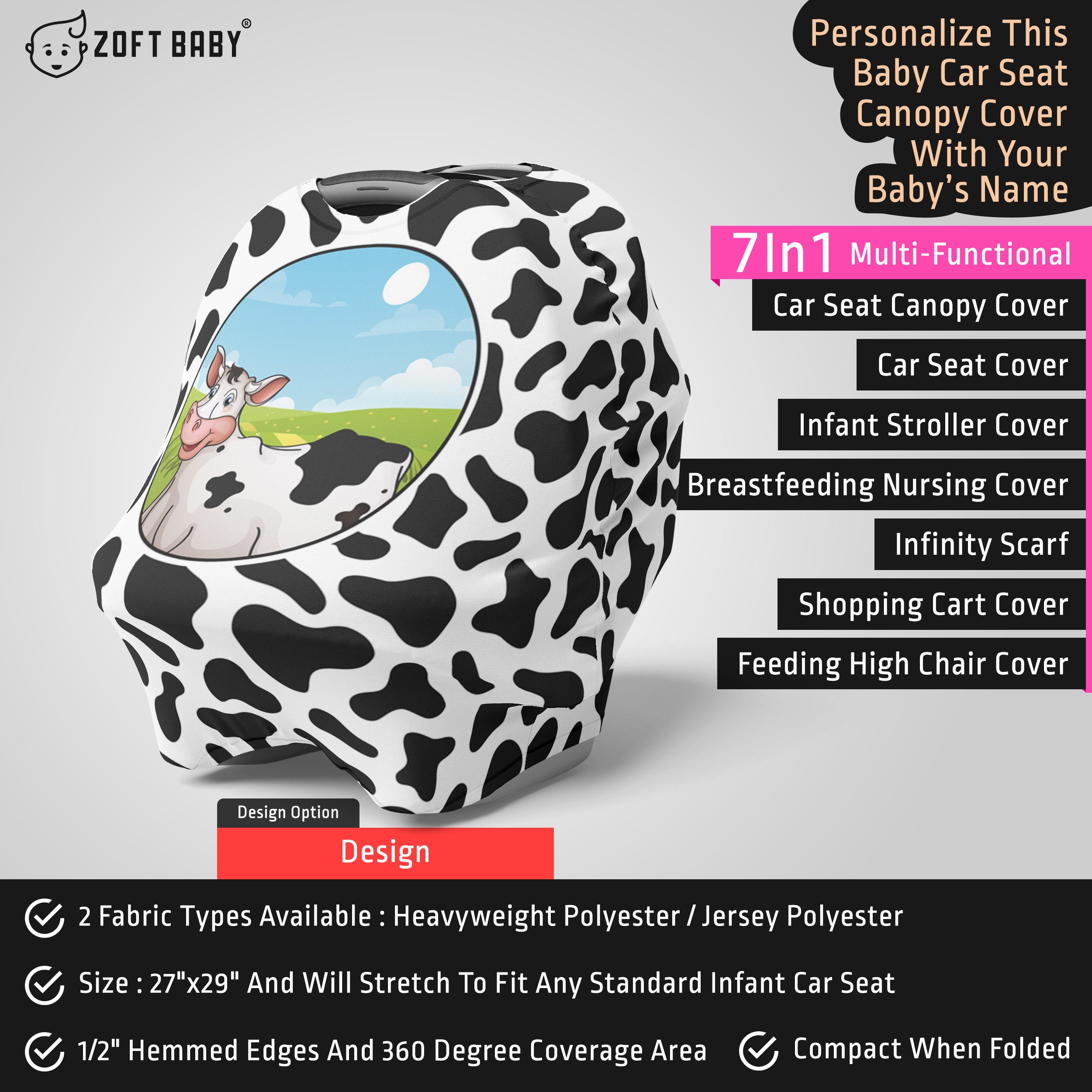 Personalized Cow Car Seat Canopy Cover Cow Baby Stretchy Car Etsy