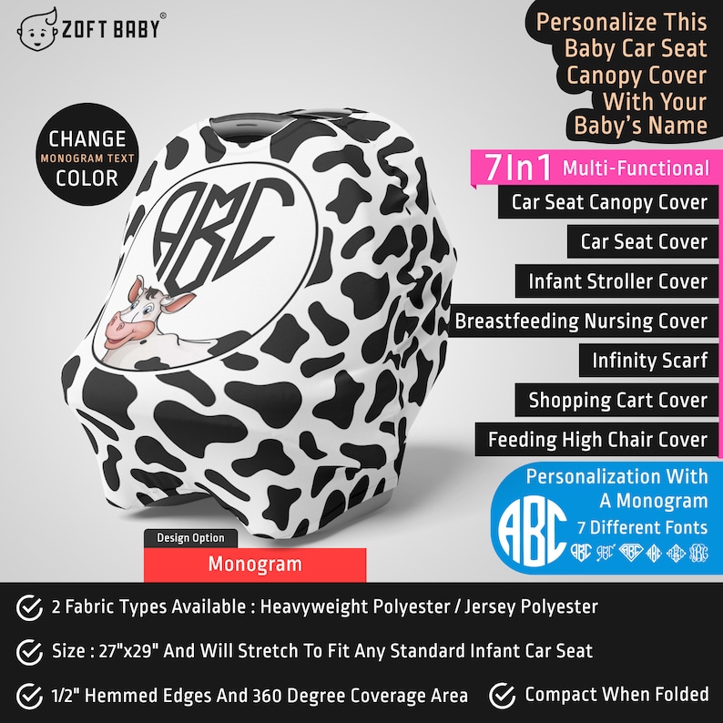 Personalized Cow Car Seat Canopy Cover Custom Name Infant Car Seat Cover Mom Nursing Privacy Cover Cow Baby Stretchy Car Seat Cover