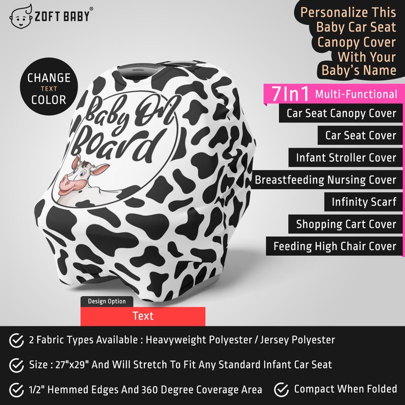 Personalized Cow Car Seat Canopy Cover Custom Name Infant Car Seat Cover Mom Nursing Privacy Cover Cow Baby Stretchy Car Seat Cover