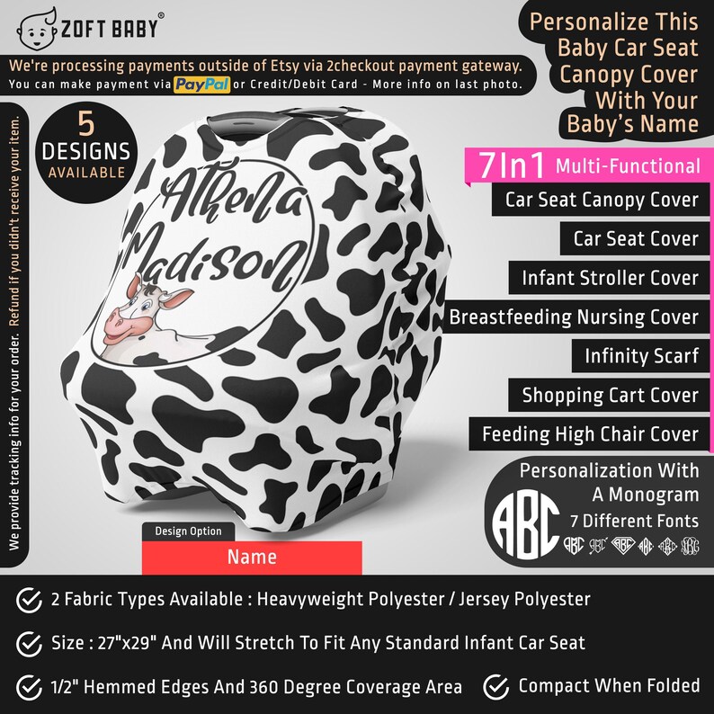 Personalized Cow Car Seat Canopy Cover Custom Name Infant Car Seat Cover Mom Nursing Privacy Cover Cow Baby Stretchy Car Seat Cover