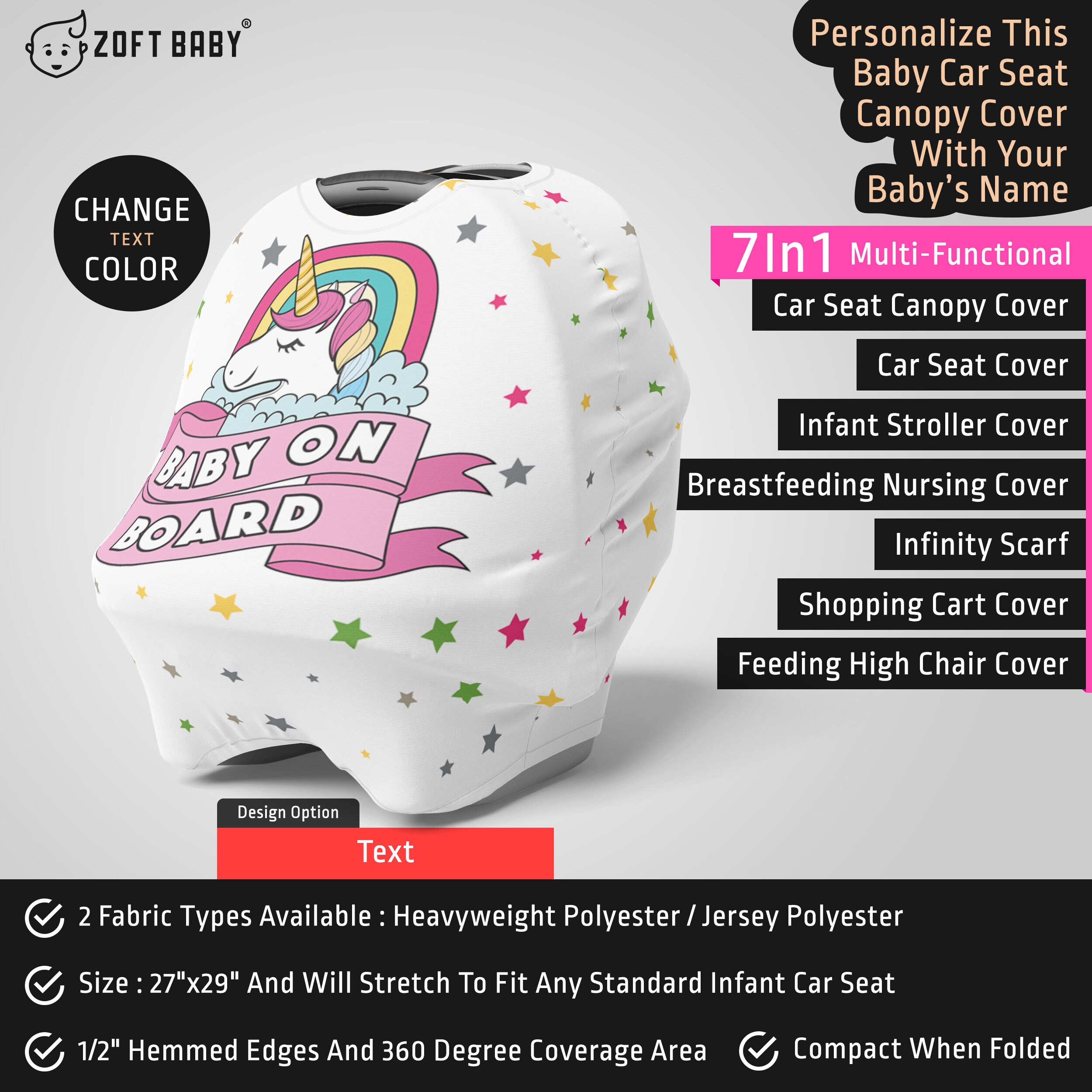 Personalized Unicorn Car Seat Canopy Cover Unicorn Rainbow Etsy