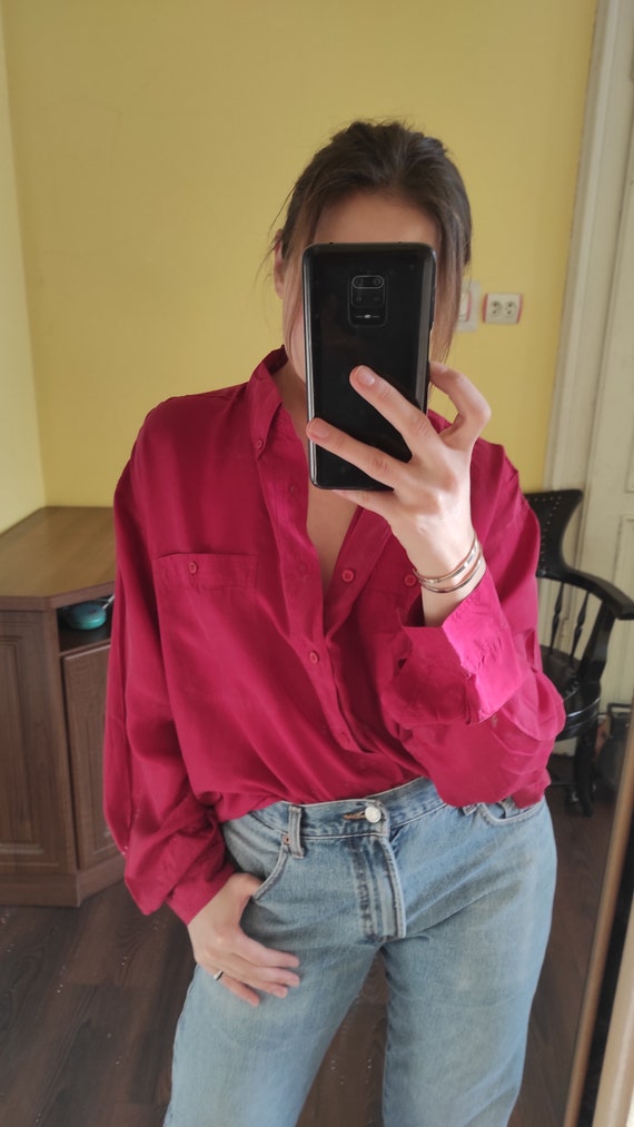 Vintage Red Silk Blouse, Women’s Burgundi Long Sl… - image 1