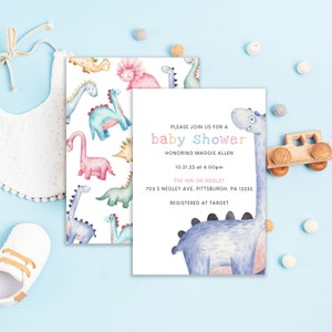 Dinosaur Baby Shower Invitation Template, Baby Shower Invitation Printable Set, Dino Invites, Editable, Download