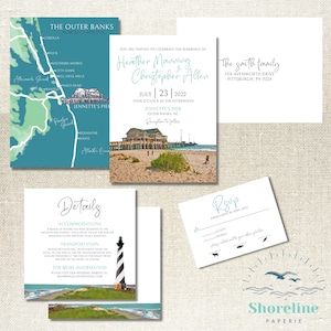 Jennette's Pier Watercolor Outer Banks North Carolina OBX Wedding Invitation Suite - Printed or Digital