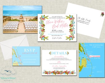 Pink & Blue Watercolor Outer Banks North Carolina OBX Wedding Invitation Suite- Printed or Digital - Ramada Plaza by Wyndham Nags Head