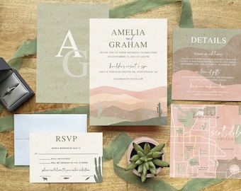 Desert Wedding Invitation Template, Cactus Wedding Invitation Printable Set, Arizona Wedding Invites, Editable, Download