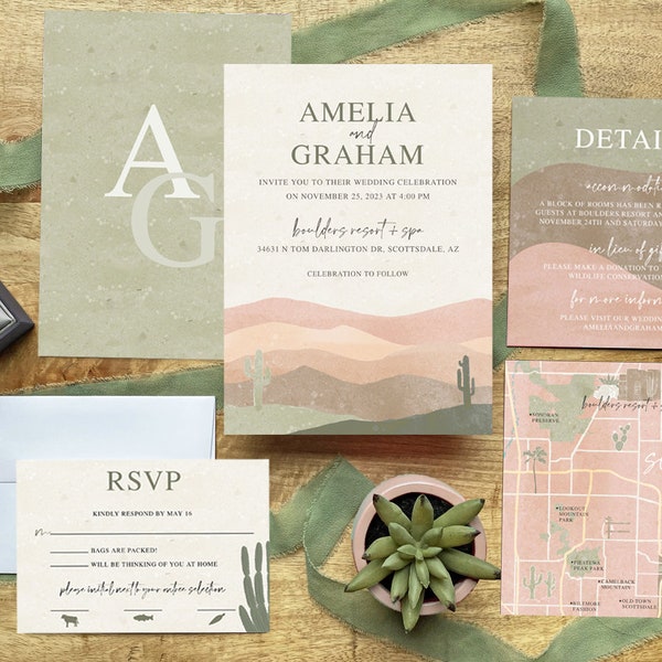 Desert Wedding Invitation Template, Cactus Wedding Invitation Printable Set, Arizona Wedding Invites, Editable, Download