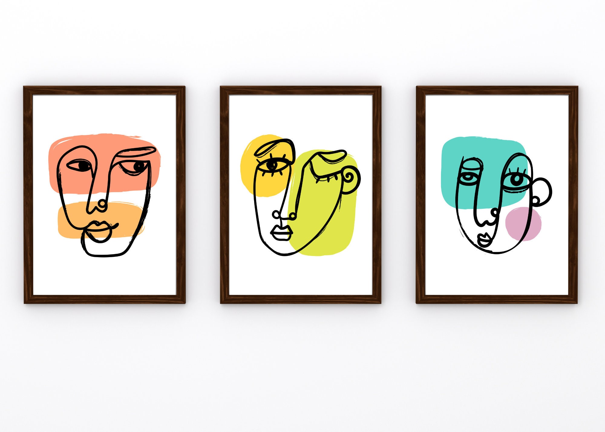 Abstract Faces Wall Art Set of 3 Art Prints Digital Gallery Wall