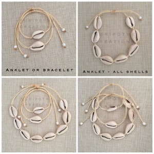 May include: Two beige shell anklets with white beads. The anklets are made of natural materials and are adjustable. The anklet on the left is a double anklet, while the anklet on the right is a single anklet. The text "ANKLET OR BRACELET" is at the bottom of the left image. The text "ANKLET - ALL SHELLS" is at the bottom of the right image.
