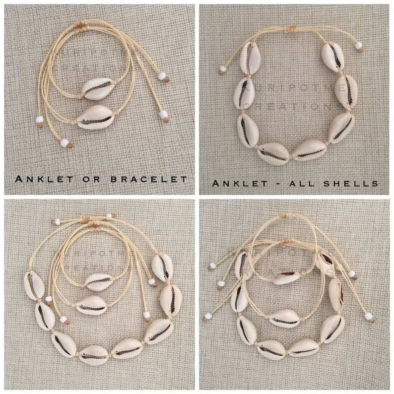 May include: Two beige shell anklets with white beads. The anklets are made of natural materials and are adjustable. The anklet on the left is a double anklet, while the anklet on the right is a single anklet. The text "ANKLET OR BRACELET" is at the bottom of the left image. The text "ANKLET - ALL SHELLS" is at the bottom of the right image.