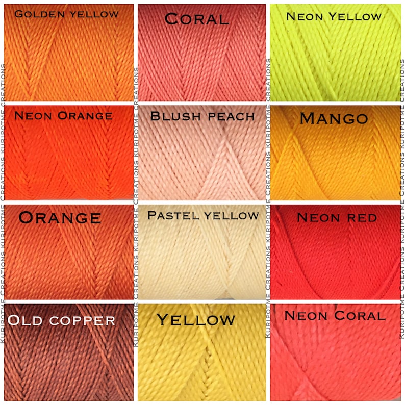 May include: A collection of yarn skeins in various shades of orange, yellow, red, and pink. The skeins are labeled with their color names, including Golden Yellow, Coral, Neon Yellow, Neon Orange, Blush Peach, Mango, Orange, Pastel Yellow, Neon Red, Old Copper, Yellow, and Neon Coral.