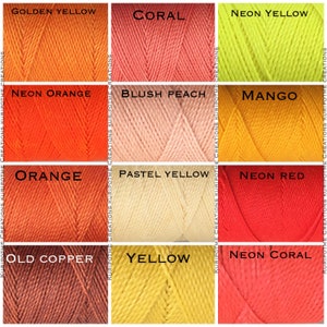 May include: A grid of twelve spools of cord in various colors, labeled Golden Yellow, Coral, Neon Yellow, Neon Orange, Blush Peach, Mango, Orange, Pastel Yellow, Neon Red, Old Copper, Yellow, and Neon Coral, with the text Kuripotme Creations.