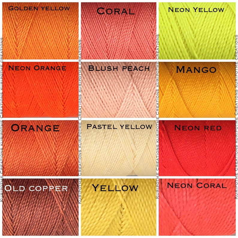 May include: A grid of twelve spools of cord in various colors, labeled Golden Yellow, Coral, Neon Yellow, Neon Orange, Blush Peach, Mango, Orange, Pastel Yellow, Neon Red, Old Copper, Yellow, and Neon Coral, with the text Kuripotme Creations.