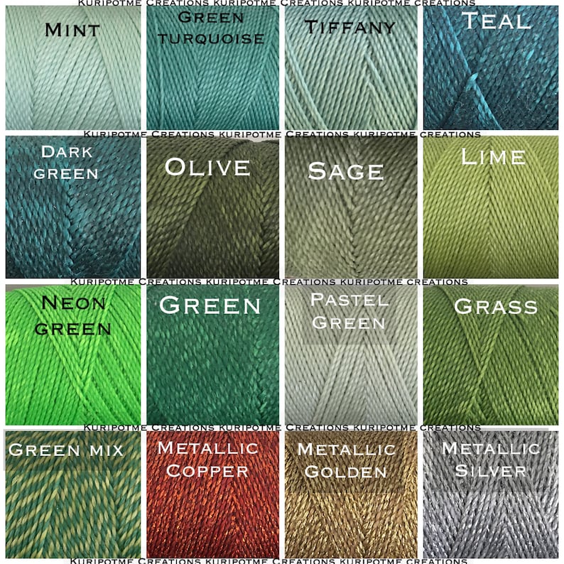 May include: A collection of 12 spools of yarn in various shades of green, including mint, turquoise, dark green, olive, sage, lime, neon green, pastel green, grass, green mix, metallic copper, metallic golden, and metallic silver.