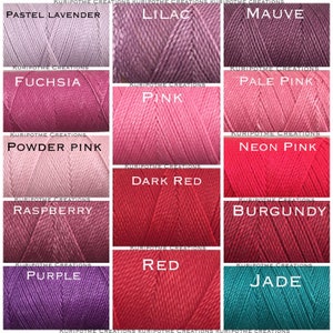 May include: A grid of twelve spools of twisted cord in various colors, each labeled with text including Pastel Lavender, Lilac, Mauve, Fuchsia, Pink, Pale Pink, Powder Pink, Dark Red, Neon Pink, Raspberry, Burgundy, Purple, Red, and Jade.