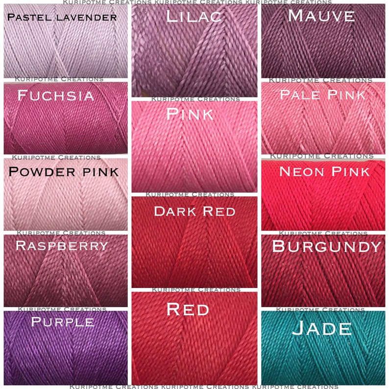 May include: A grid of twelve spools of twisted cord in various colors, each labeled with text including Pastel Lavender, Lilac, Mauve, Fuchsia, Pink, Pale Pink, Powder Pink, Dark Red, Neon Pink, Raspberry, Burgundy, Purple, Red, and Jade.