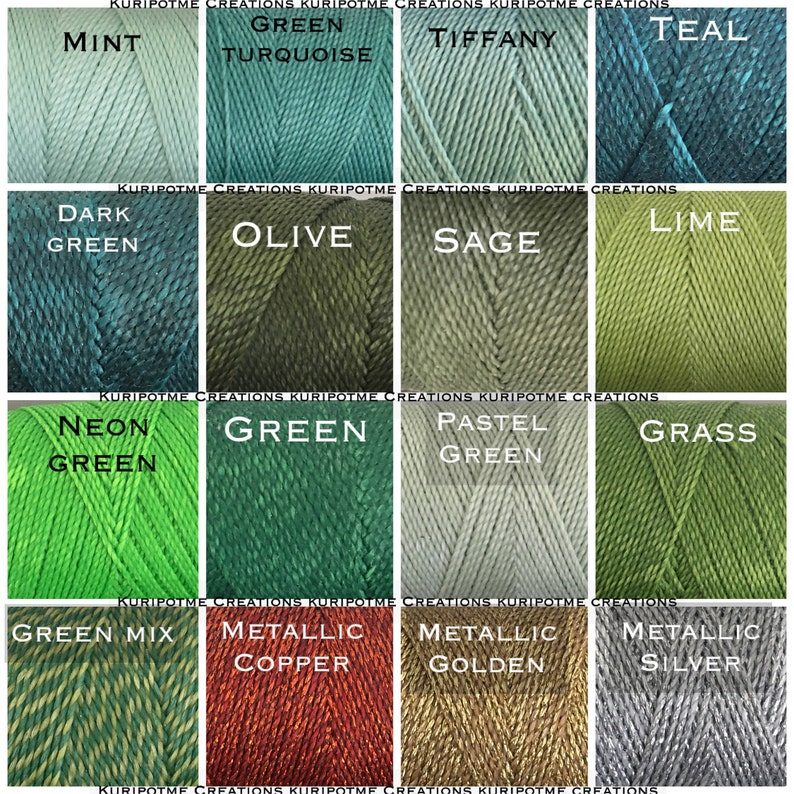 May include: A grid of sixteen spools of cord in various shades of green and metallic tones, labeled with text including Mint, Green Turquoise, Tiffany, Teal, Dark Green, Olive, Sage, Lime, Neon Green, Green, Pastel Green, Grass, Green Mix, Metallic Copper, Metallic Golden, and Metallic Silver.